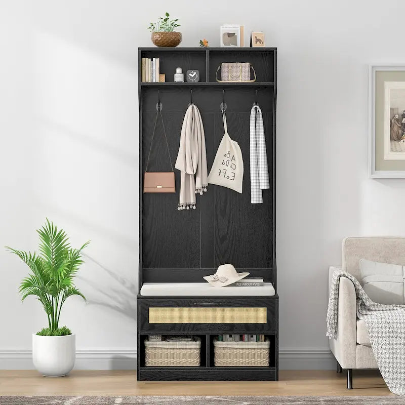 Meuble d'entrée 3 en 1 avec banc de rangement et porte-manteau - 4 crochets, 6 compartiments, hauteur 170 cm, finition blanche