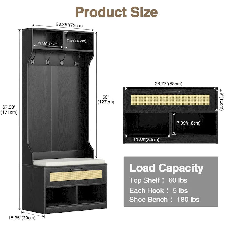 Meuble d'entrée 3 en 1 avec banc de rangement et porte-manteau - 4 crochets, 6 compartiments, hauteur 170 cm, finition blanche