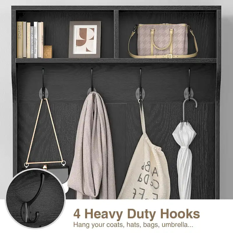 Meuble d'entrée 3 en 1 avec banc de rangement et porte-manteau - 4 crochets, 6 compartiments, hauteur 170 cm, finition blanche