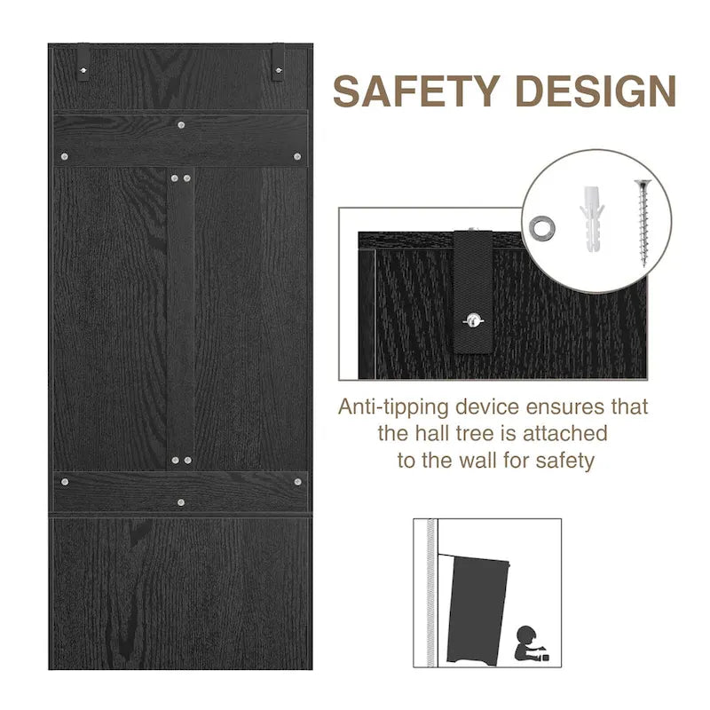 Meuble d'entrée 3 en 1 avec banc de rangement et porte-manteau - 4 crochets, 6 compartiments, hauteur 170 cm, finition blanche