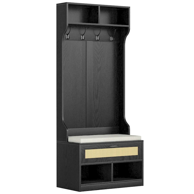 Meuble d'entrée 3 en 1 avec banc de rangement et porte-manteau - 4 crochets, 6 compartiments, hauteur 170 cm, finition blanche